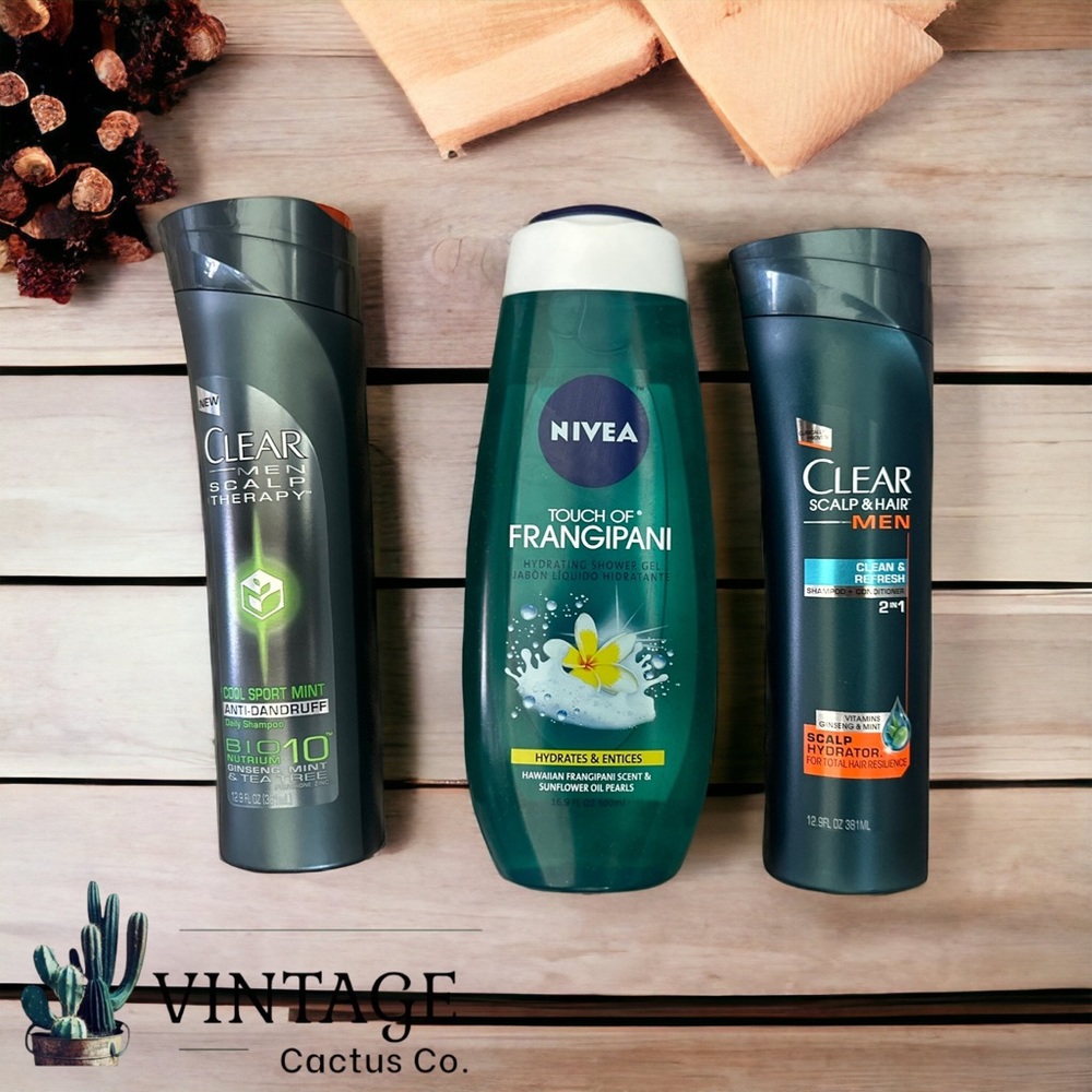 New! 3 Pc. Clear Men’s Scalp & Hair & Nivea Hawaiian Frangipani Shower Gel! New!